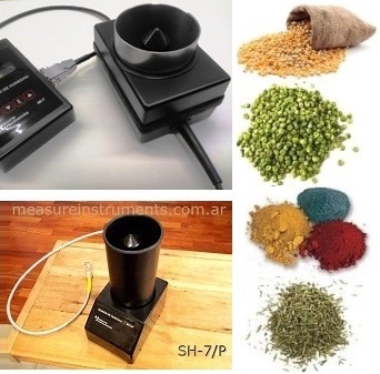 Moisture meter with sensor for grains, cereals, seeds and programmable for powders, flours, granulated, coffee, tee, dehydrated vegetables or herbs, sugar, chemical products, minerals.